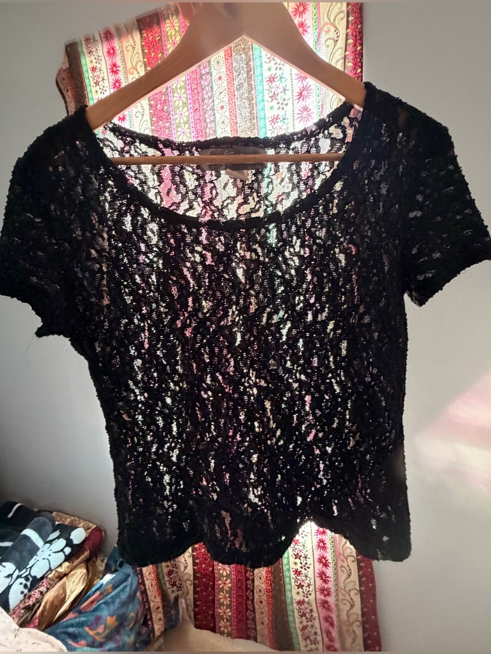 Vintage Stella Black See Through Lace Short-Sleeve Tee